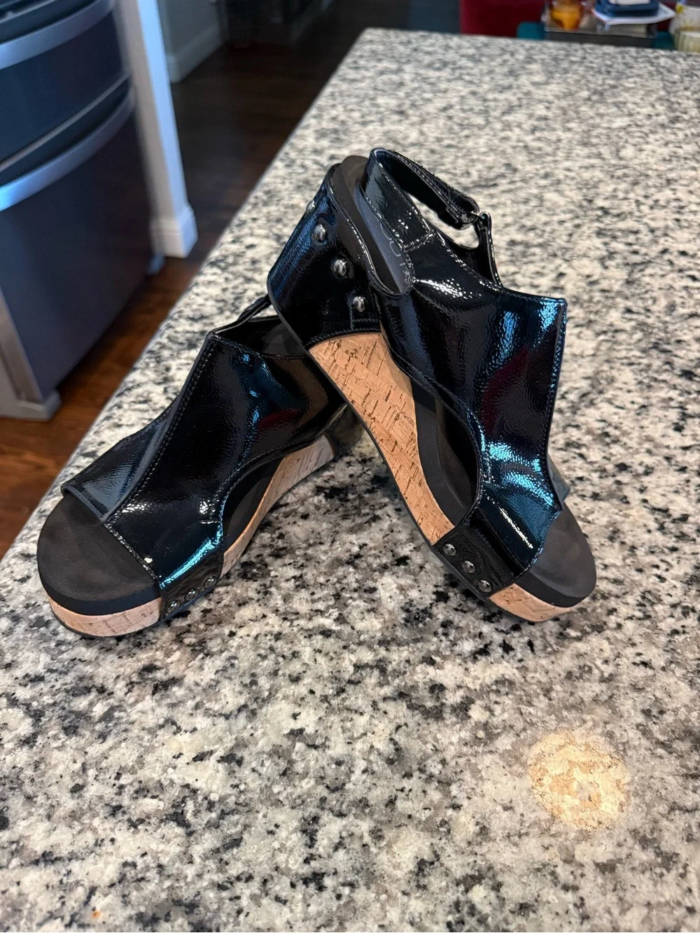 Corky’s Black Patent Slingback Cork Wedge Sandals